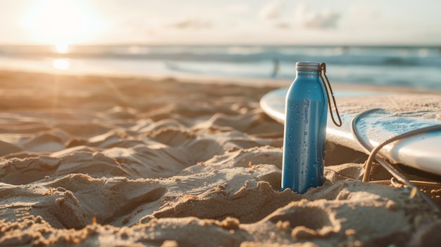 The image shows a surfboard and a water bottle on the beach