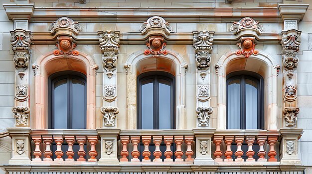 The image shows three arched windows with ornate frames and a balcony with a balustrade The windows are made of dark wood and have small panes