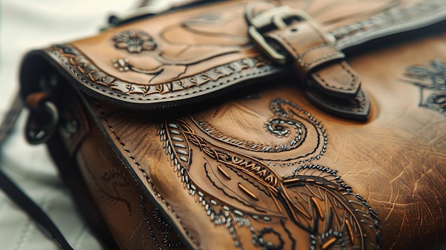 The image shows a tooled leather bag with a floral design The bag is made of brown leather and has a light brown strap The bag is closed with a metal buckle