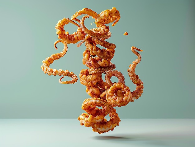 Photo the image shows a tower of crispy fried calamari with a realistic texture likely presented on a sim