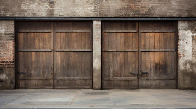 The image shows two wooden garage doors in the style of industrial photography