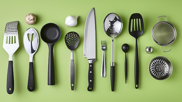 The image shows a variety of kitchen utensils arranged in a row on a solid green background