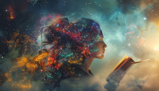 Photo the image shows a woman reading a book in front of the universe she is surrounded by stars and galaxies