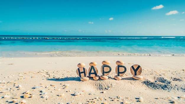 The image shows the word HAPPY written on wooden circles placed on a sandy beach