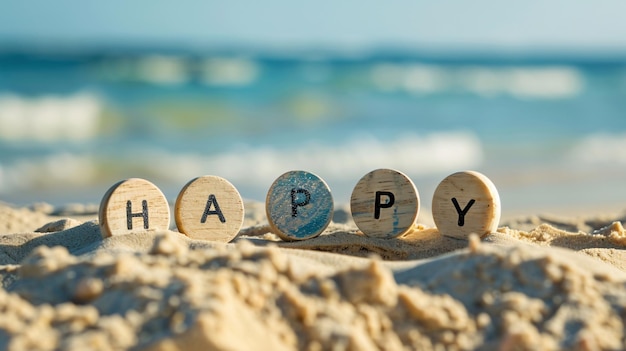 The image shows the word HAPPY written on wooden circles placed on a sandy beach