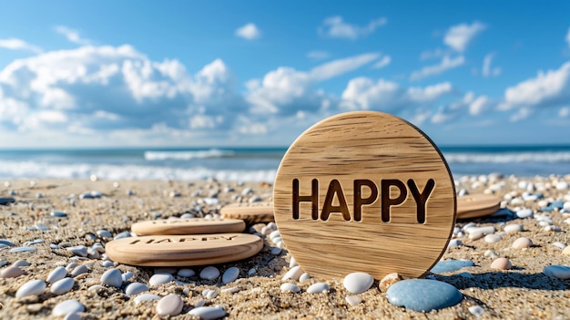 The image shows the word HAPPY written on wooden circles placed on a sandy beach