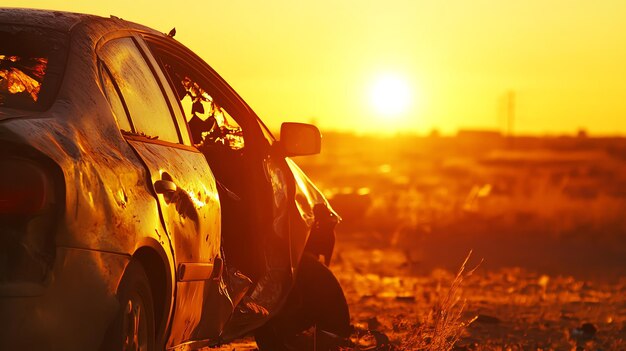 The image shows a wrecked car on the side of the road at sunset The car is badly damaged and the image is taken from a low angle It suggests that there was an accident and it is a reminder