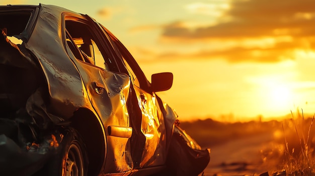 The image shows a wrecked car on the side of the road with the setting sun in the background The scene suggests that there was an accident and the image is taken from a low angle The ima