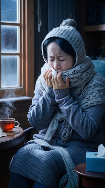 Image of sick korean woman at home covered in warm clothes and scarf feeling sick catching a cold a