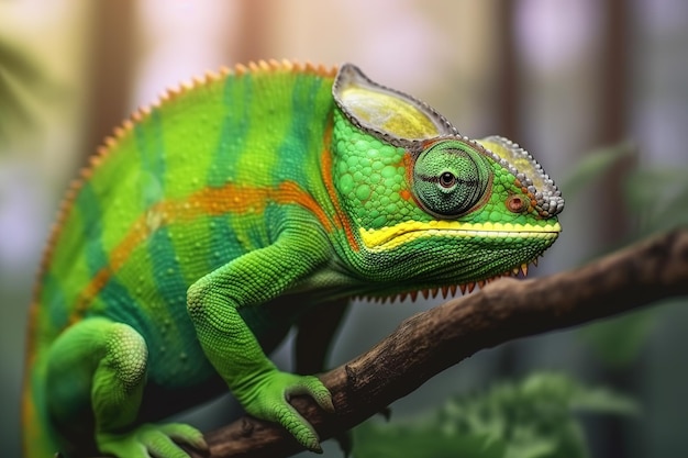 Image of side view of a green chameleon on a branch on natural background Wild Animals reptile illustration Generative AI