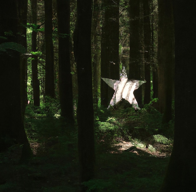 Image of silver five arm star amongst trees in forest