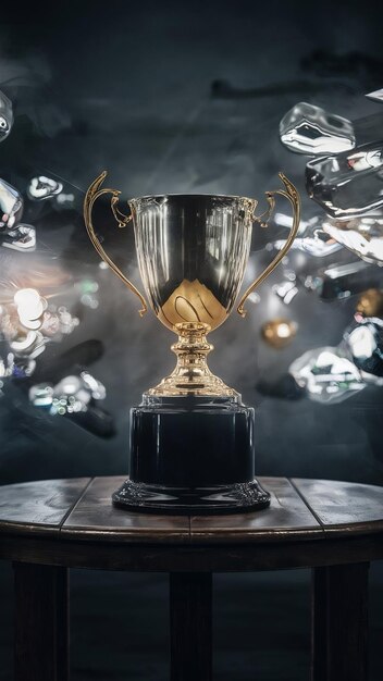 image of silver and gold trophy over wooden table and dark background with abstract shiny lights