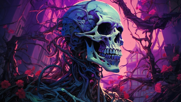 a image skeleton full of bright colors in the style of terror wave