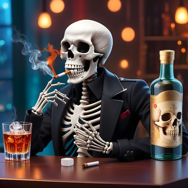 image of a skeleton skull head smoking cigarette in his mouth and an alcohol bottle on the table