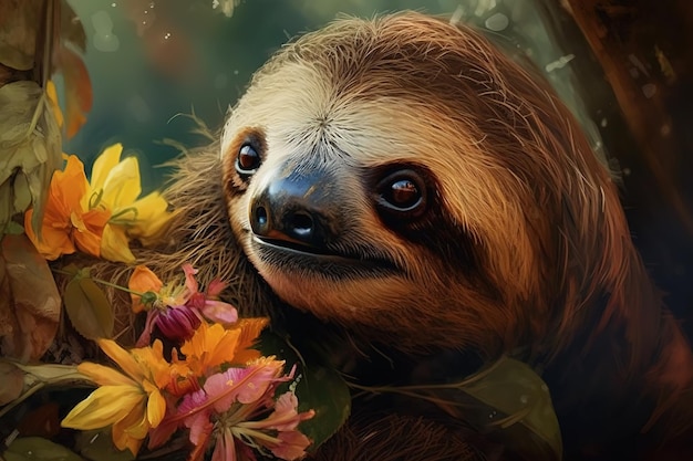 Image of sloth with colorful tropical flowers Wild Animals Illustration Generative AI