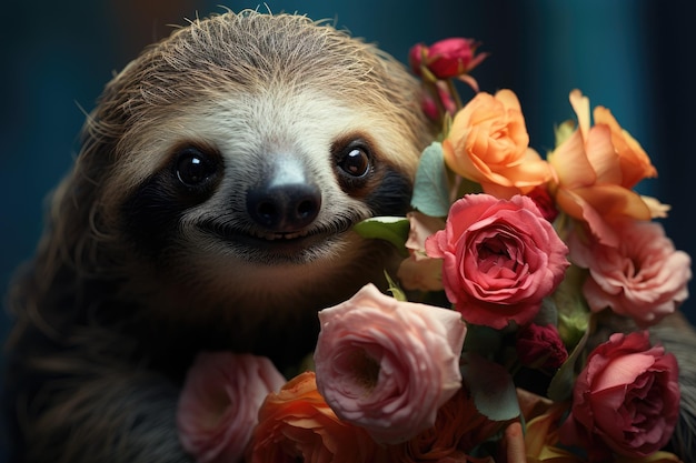 Image of sloth with colorful tropical flowers