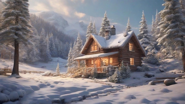 Image of a snowy landscape with a cozy cabin and a beautifully decorated Christmas tree