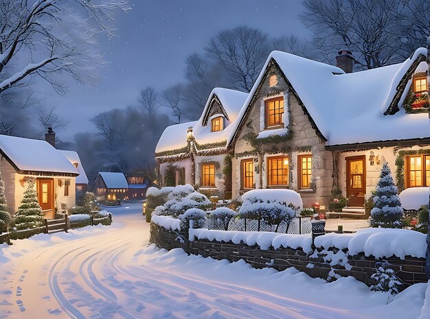 Image of a snowy village scene with charming cottages adorned with holiday lights and wreaths