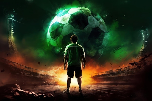 Image of a soccer player standing by a giant soccer ball in the sky digital fantasy landscape style dark green color Generative AI