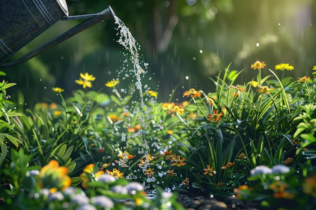 Image of someone watering flowers in a garden