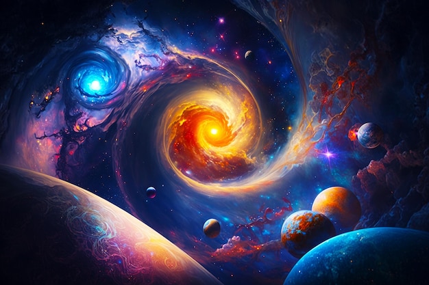 Image of space scene with planets and spiral galaxy in the foreground Generative AI