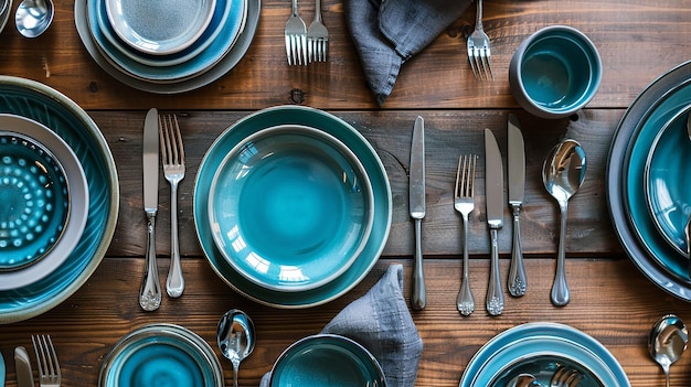 image of Spoons forks plates and other things spread on a dining table