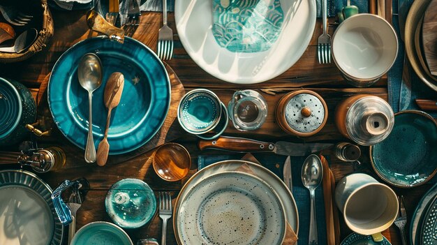 image of Spoons forks plates and other things spread on a dining table