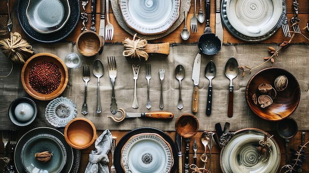 image of Spoons forks plates and other things spread on a dining table