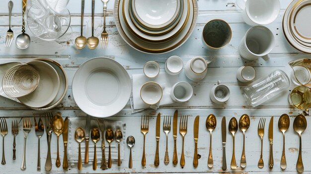 image of Spoons forks plates and other things spread on a dining table