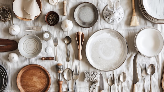 image of Spoons forks plates and other things spread on a dining table