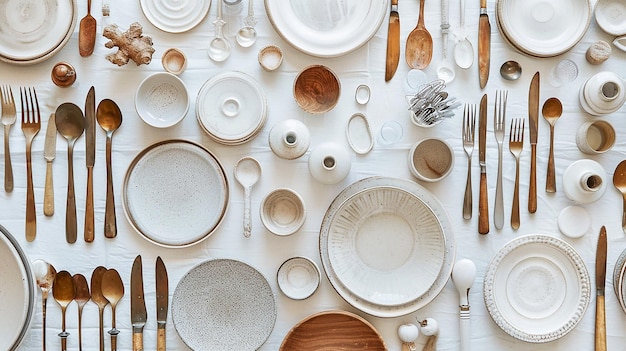 image of Spoons forks plates and other things spread on a dining table