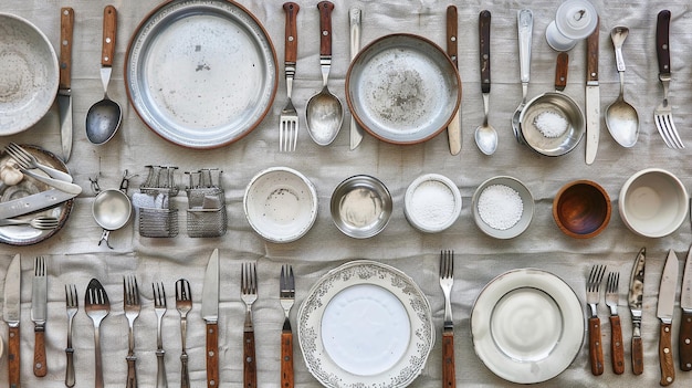 Photo image of spoons forks plates and other things spread on a dining table