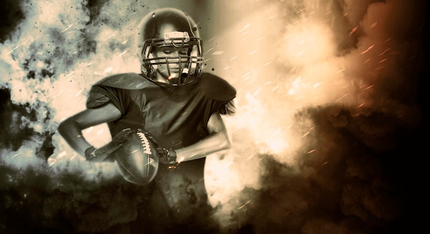 Image of a sports girl in the uniform of an American football team player. Sports concept.  Mixed media