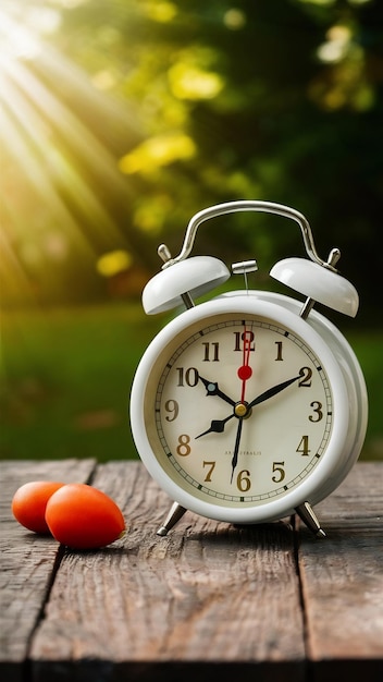 Image of spring Time Change Summer back concept Vintage alarm Clock over wooden table