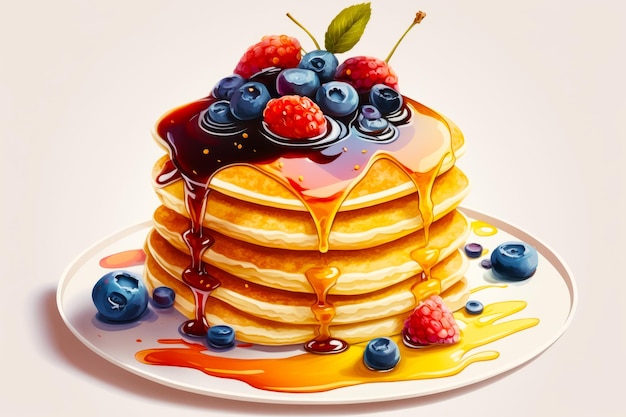 Image of stack of pancakes with syrup and berries on top of it Generative AI