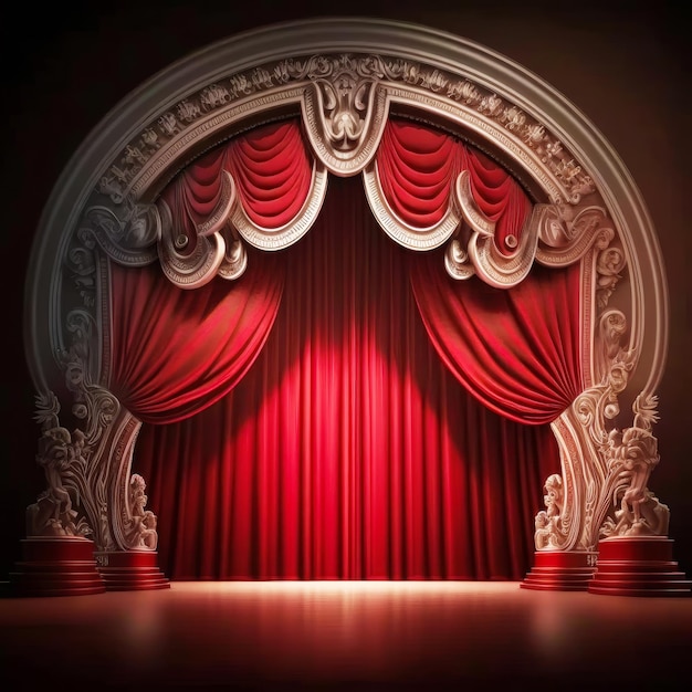 An image of stage with red curtains Generative AI