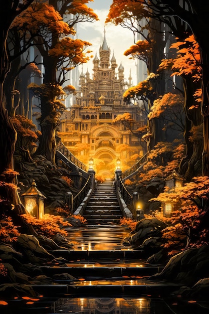 Image of stairway leading to castle in the woods Generative AI