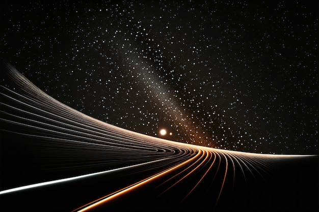 Image of stars floating over light trails on black abstract backgrounds