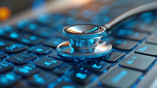 An image of a stethoscope on a computer keyboard represents how technology and healthcare interact in the digital age