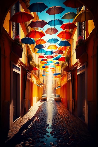 Image of street that has umbrellas hanging from the ceiling and cars parked on the side of the street Generative AI