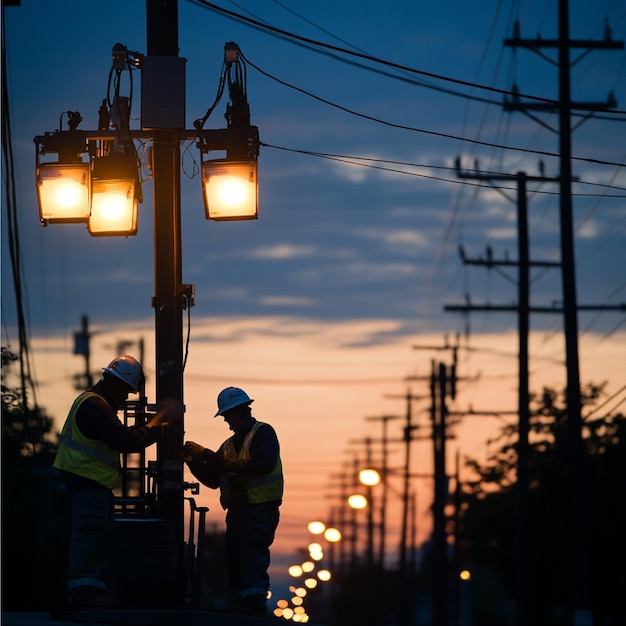 Photo an image of a streetlight maintenance crew working on energyefficient lighting systems