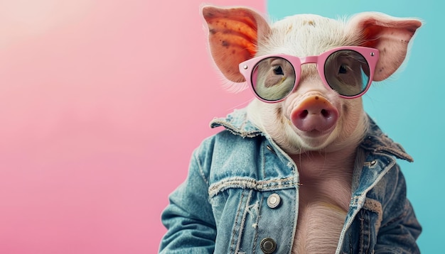 Photo image of stylish pig in trendy sunglasses and outfit looking at camera against two colored