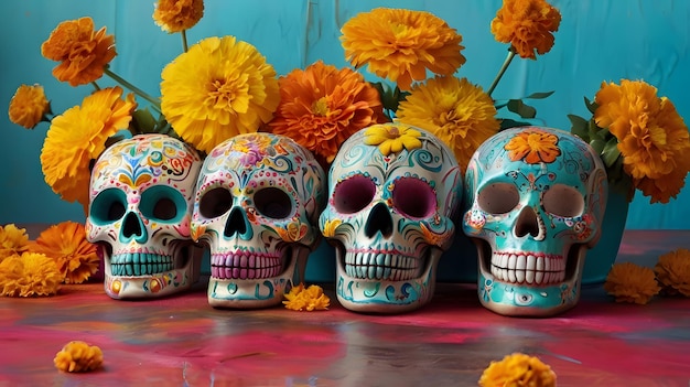 Photo image of sugar skulls with yellow flowers for the day of the dead on a blue background