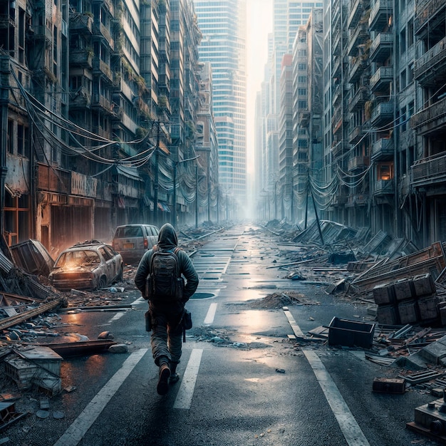 Image of a survivor walking through a devastated street