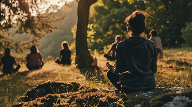 Photo an image of survivors engaging in an outdoor meditation or mindfulness session to promote wellbeing