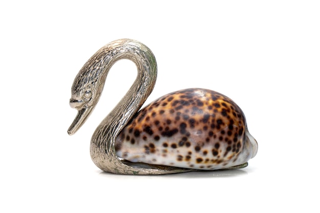 Image of swan sculpture with shells as part of its body isolated on white background Home decoration