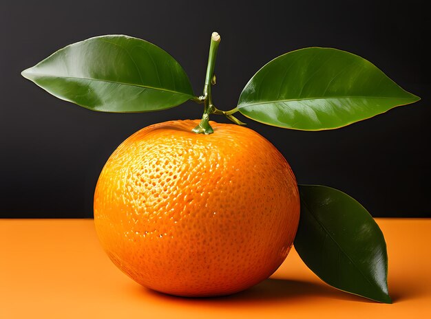 Image of tangerine with leaf on dark background