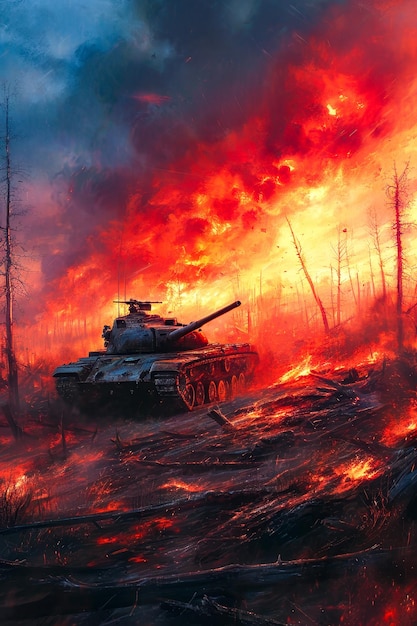 Image of tank with red and yellow clouds in the background