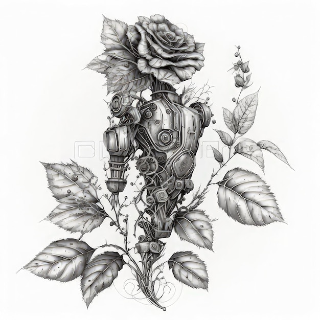 Photo an image of a tattoo design of a robot with roses