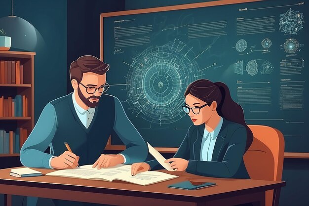 an image of a teacher and students studying the potential applications of quantum cryptography vector illustration in flat style